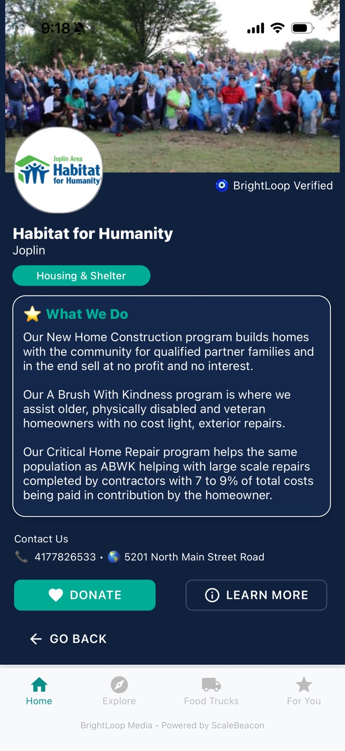 Verified nonprofit detail page inside BrightLoop Local
